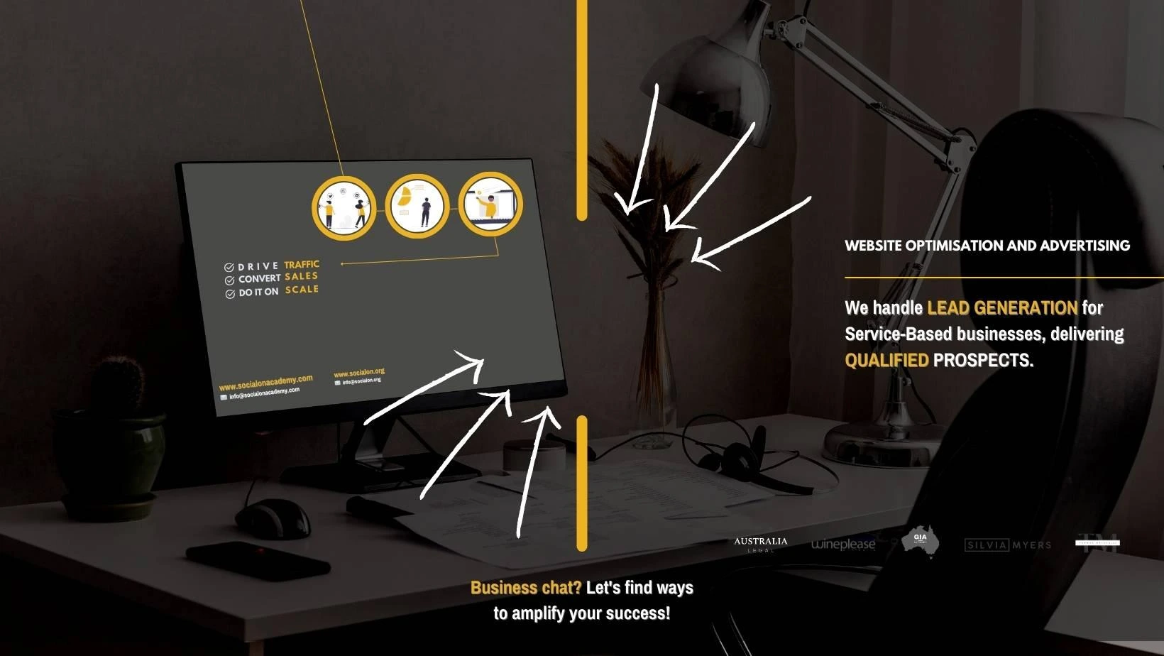 SocialOn’s original studio artwork: a warm desk scene connecting website design, advertising and lead generation.